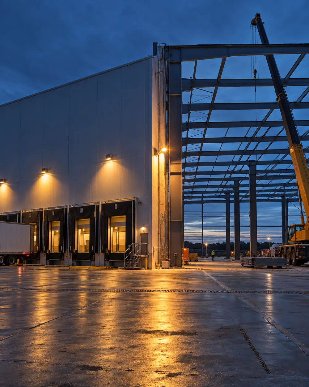 Existing industrial building with the steel frame of the extension attached