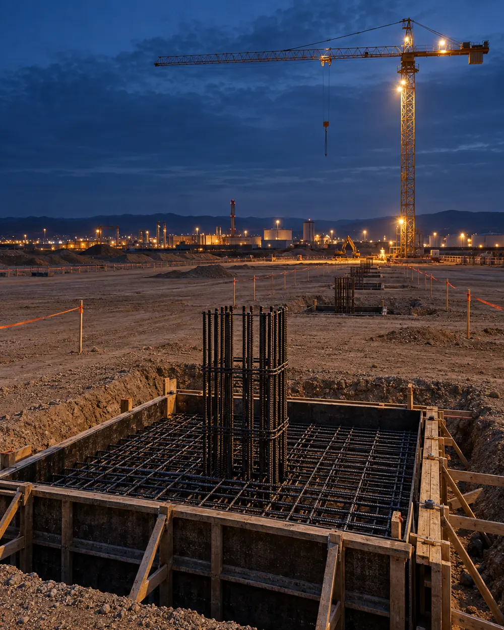 Industrial plot set out with stakes and formed footings at dusk