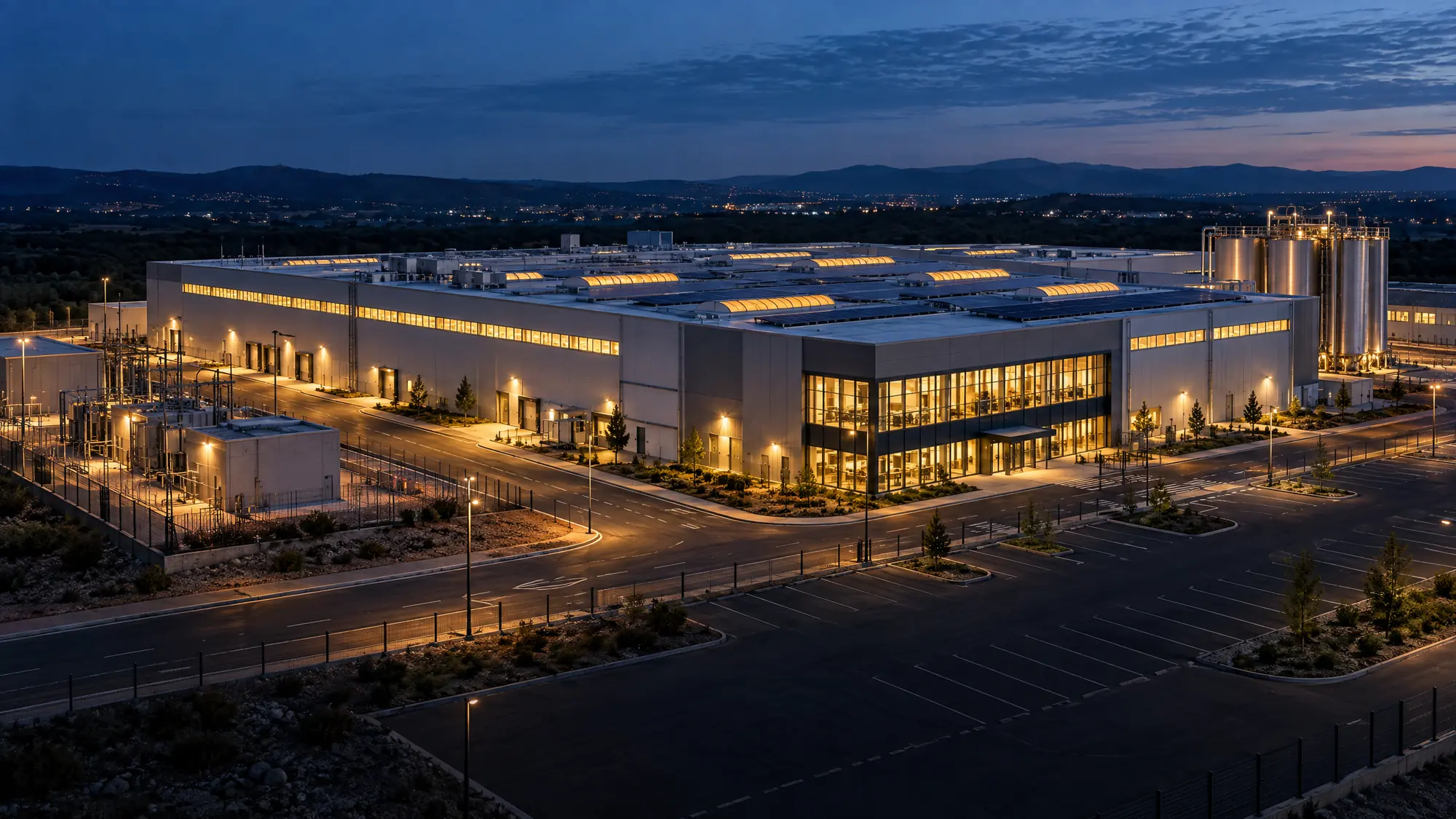 Finished modern industrial plant lit up at dusk, seen from the air