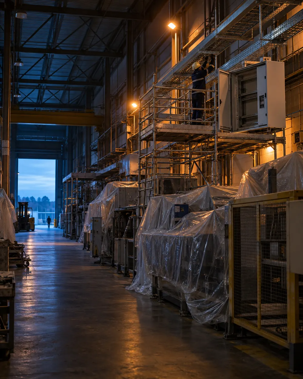 Hall interior with the old line covered and new control cabinets being installed from scaffolding